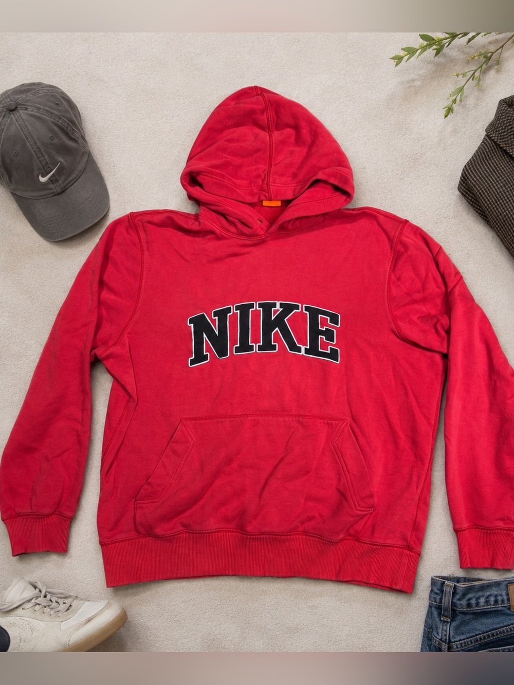 Vintage Nike Spellout Hoodie Men’s Large Red Y2K Embroidered Swoosh